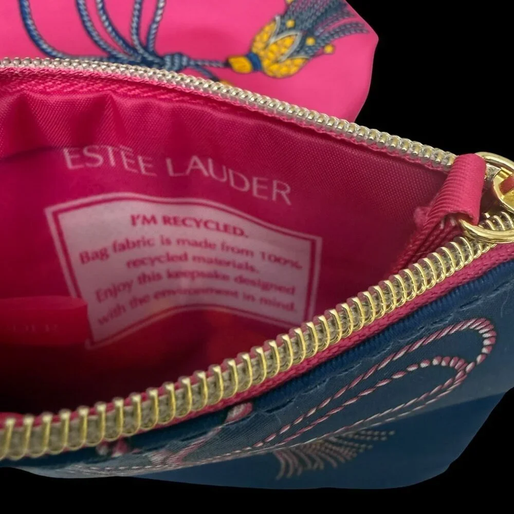 ESTEE LAUDER Set of 2 Cosmetic Makeup Bags Navy Pink Tassel Print